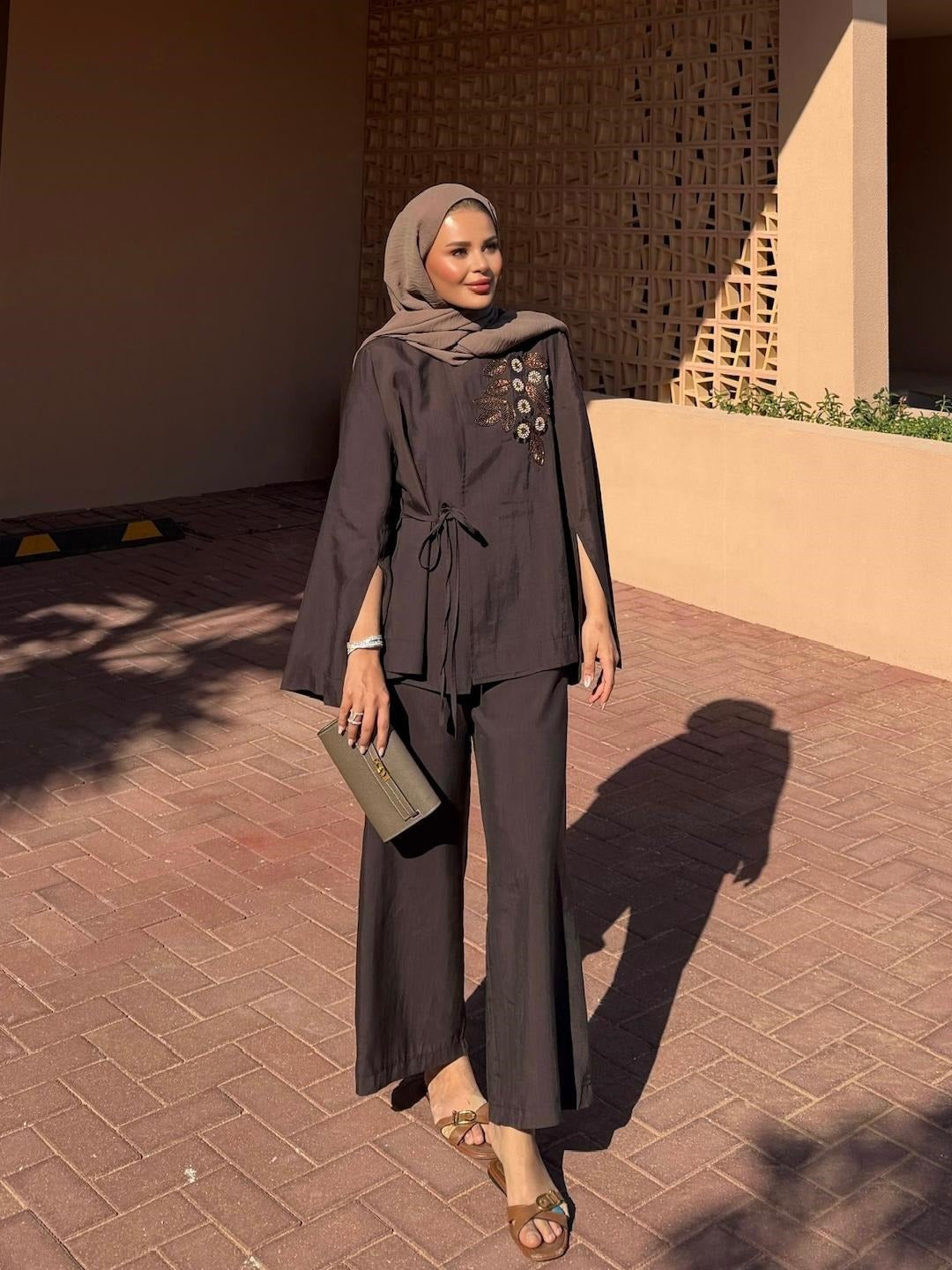 Embroidered Pants Set – Dark Brown