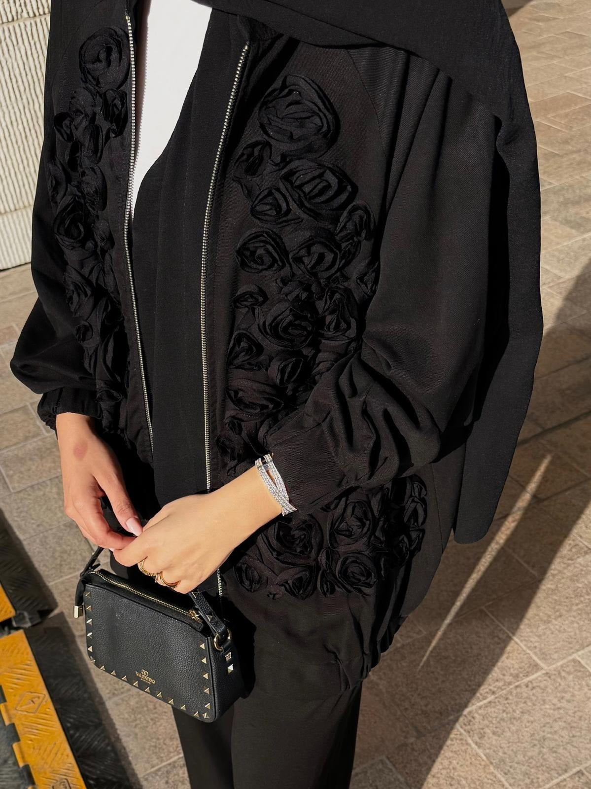 Rose Embellished Pants Set – Black