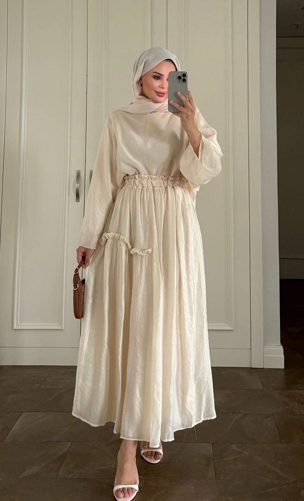 Beige Layered Maxi Skirt Set with Elastic Waist