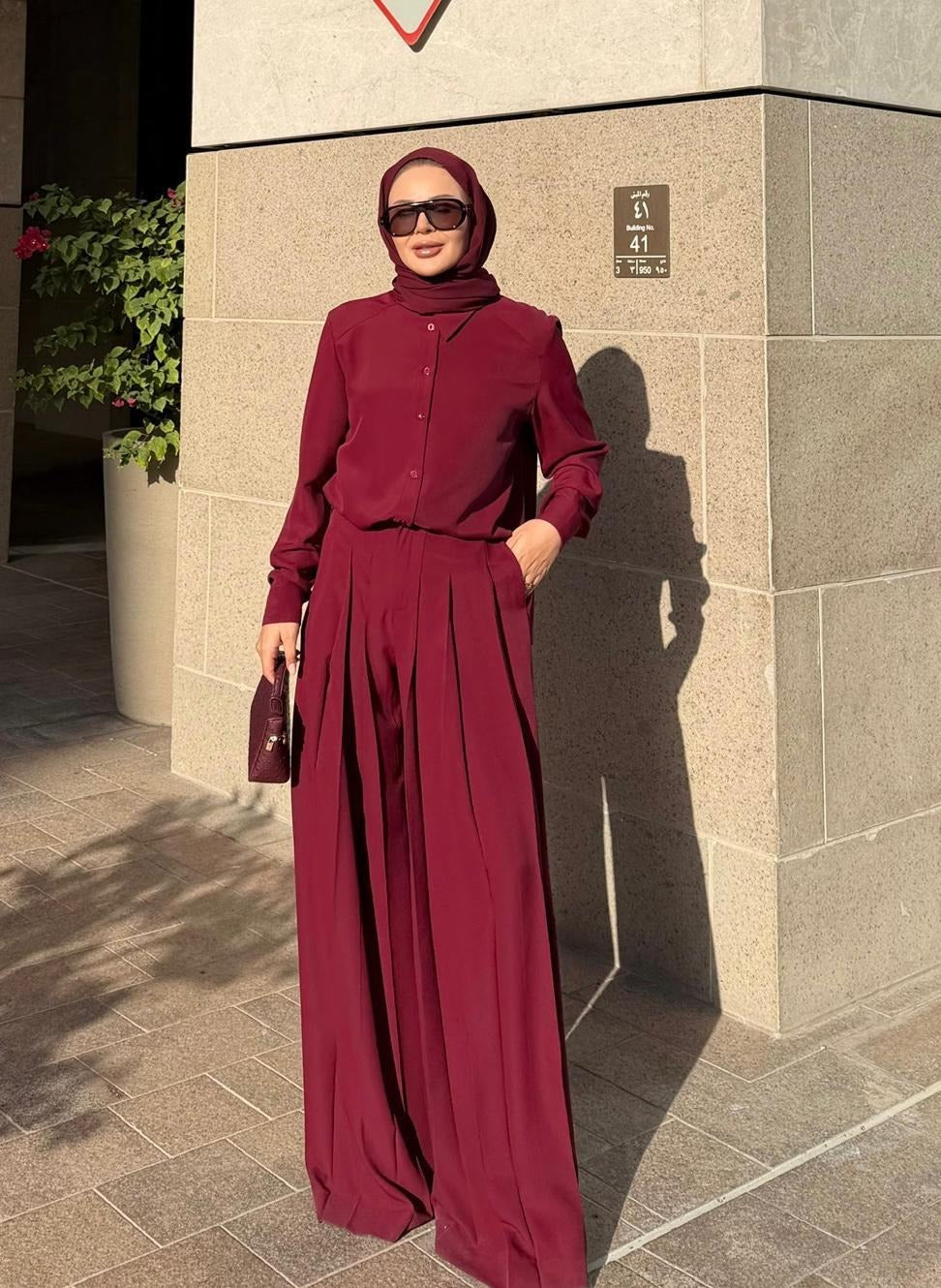 Daphne Pleated Pants Set – Burgundy