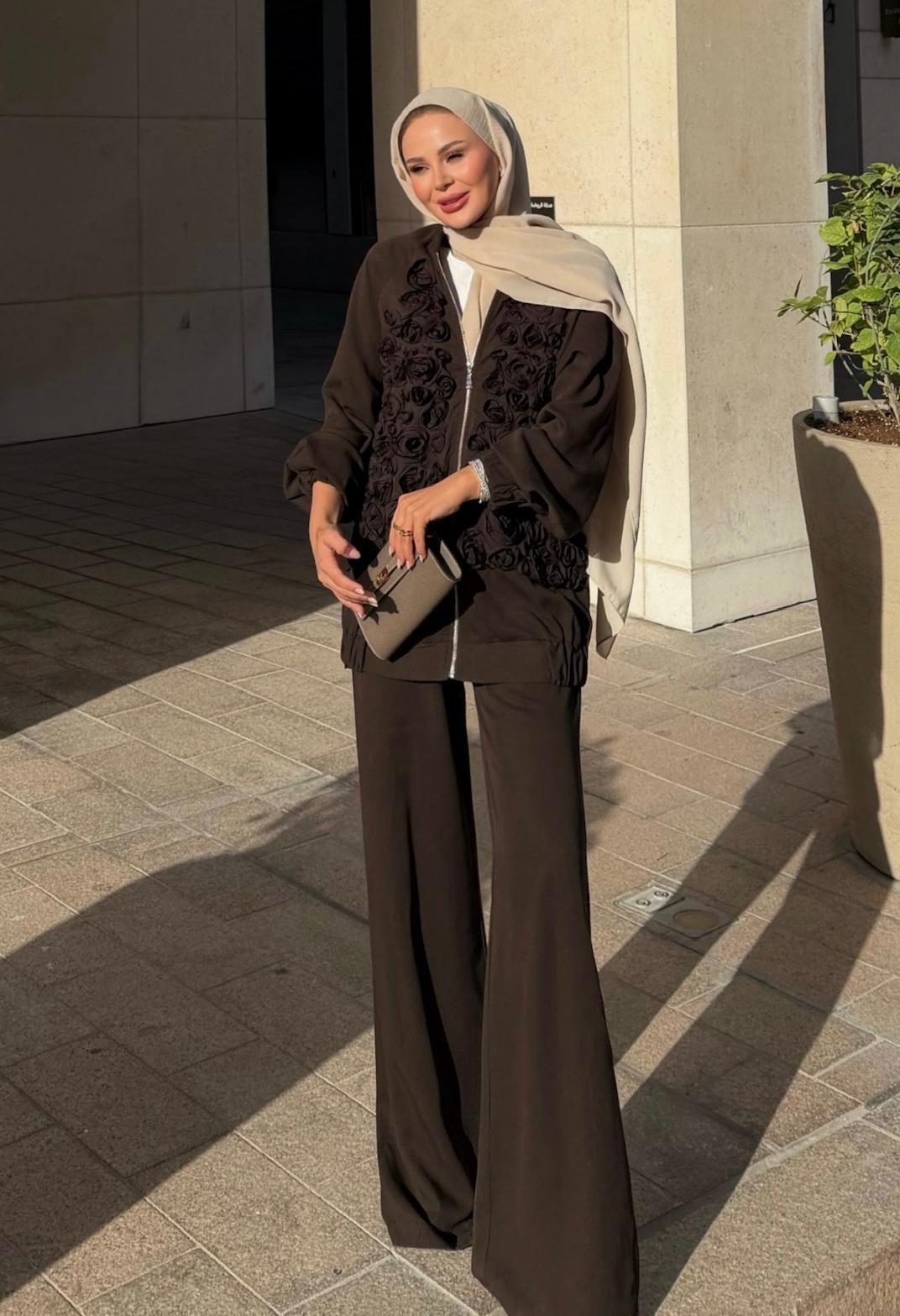 Rose Embellished Pants Set – Brown