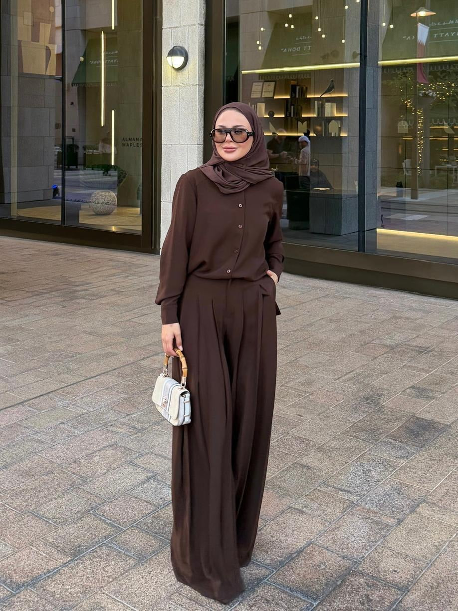 Daphne Pleated Pants Set – Brown