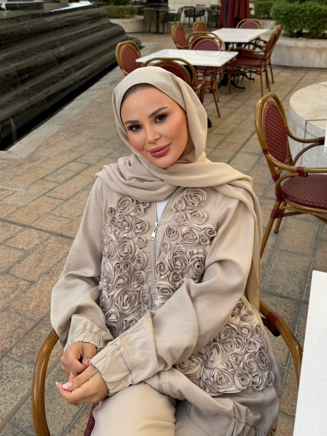 Rose Embellished Pants Set – Beige