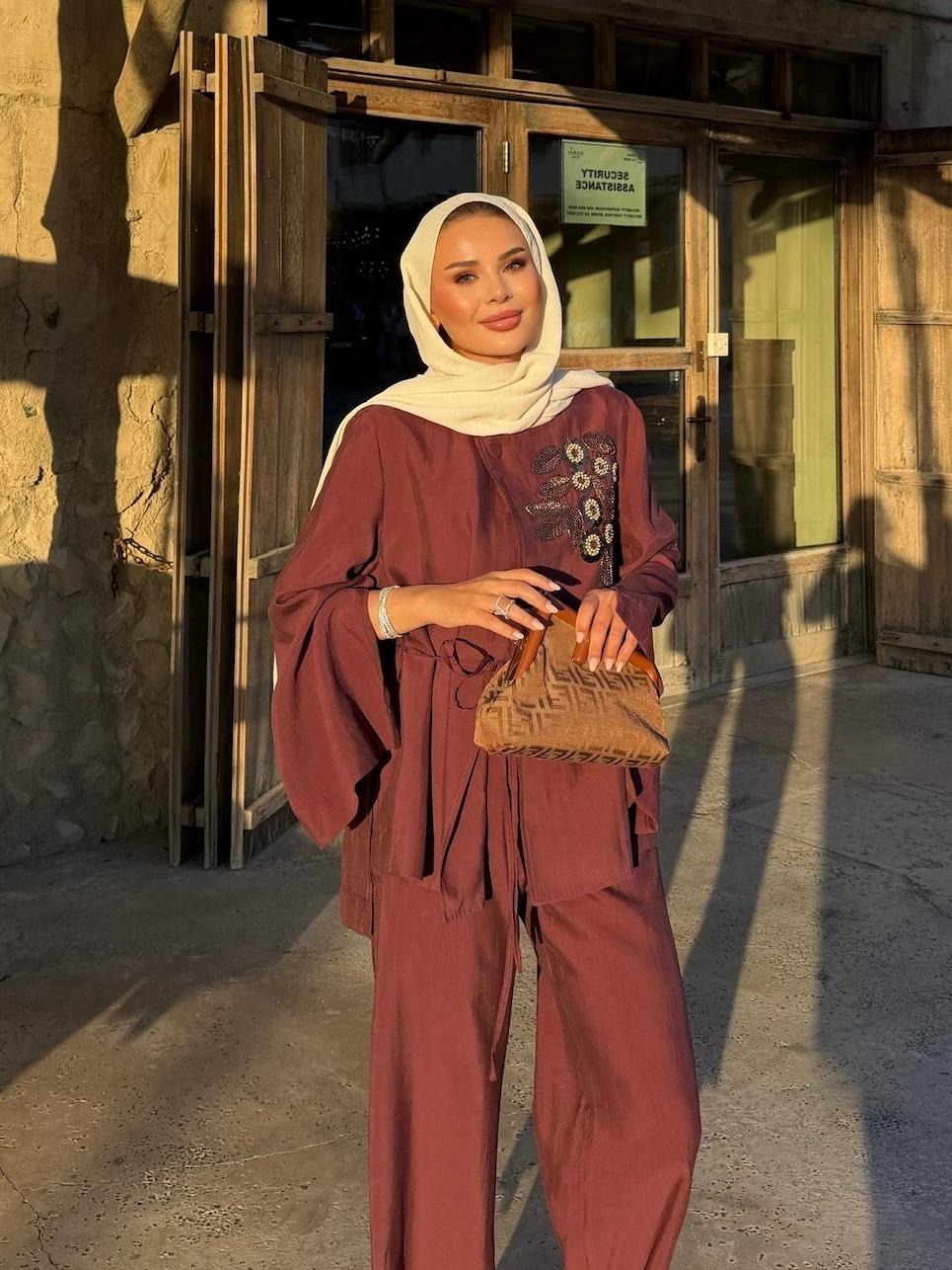 Embroidered Pants Set – Burgundy