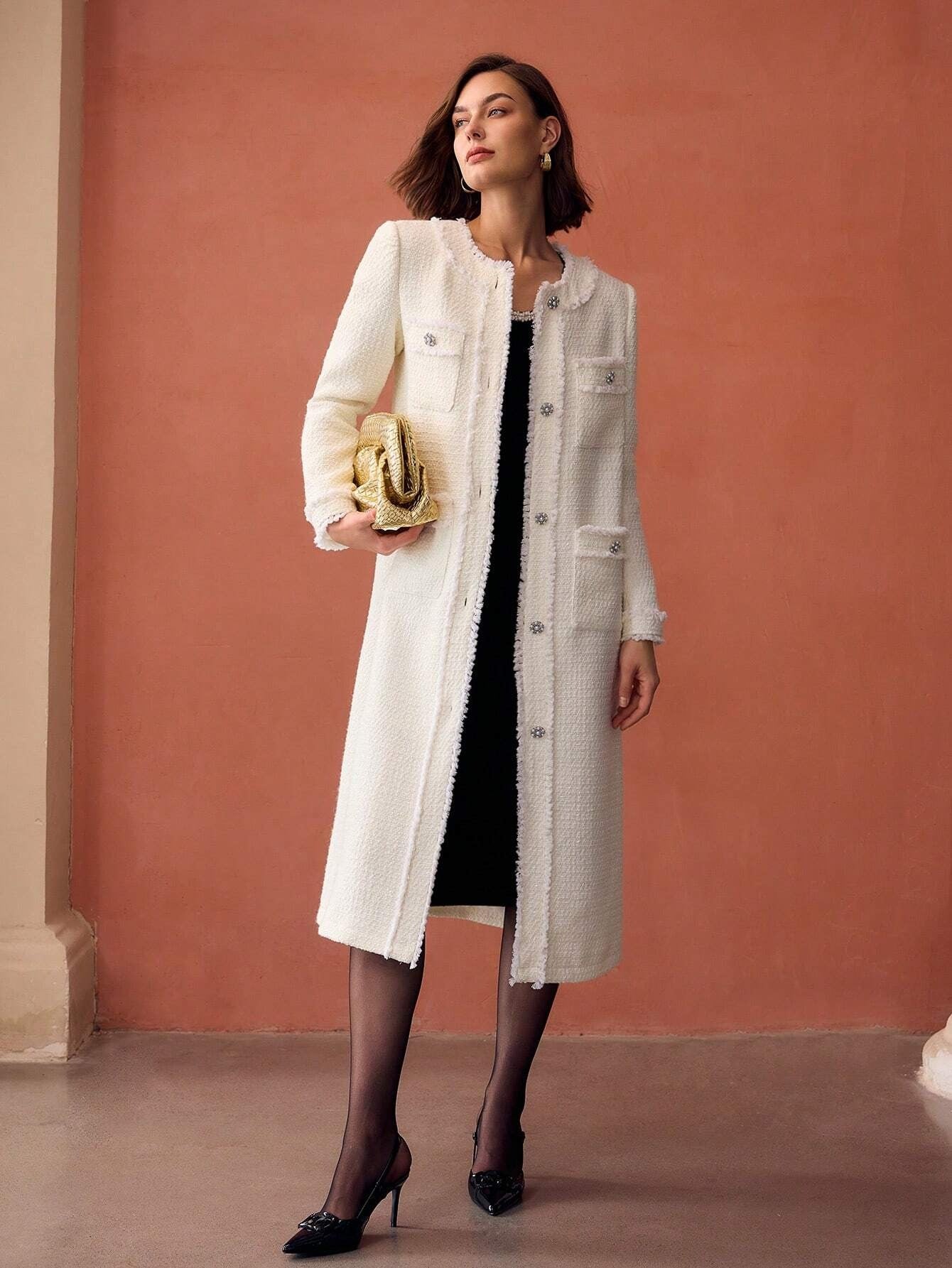 Tweed Solid Long Coat with Raw