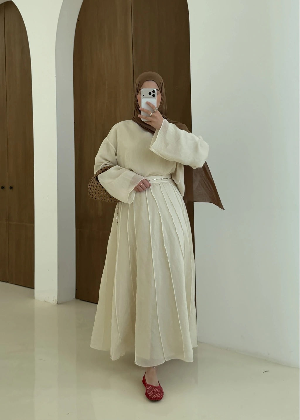 Reverse Stitch Skirt Set - Beige