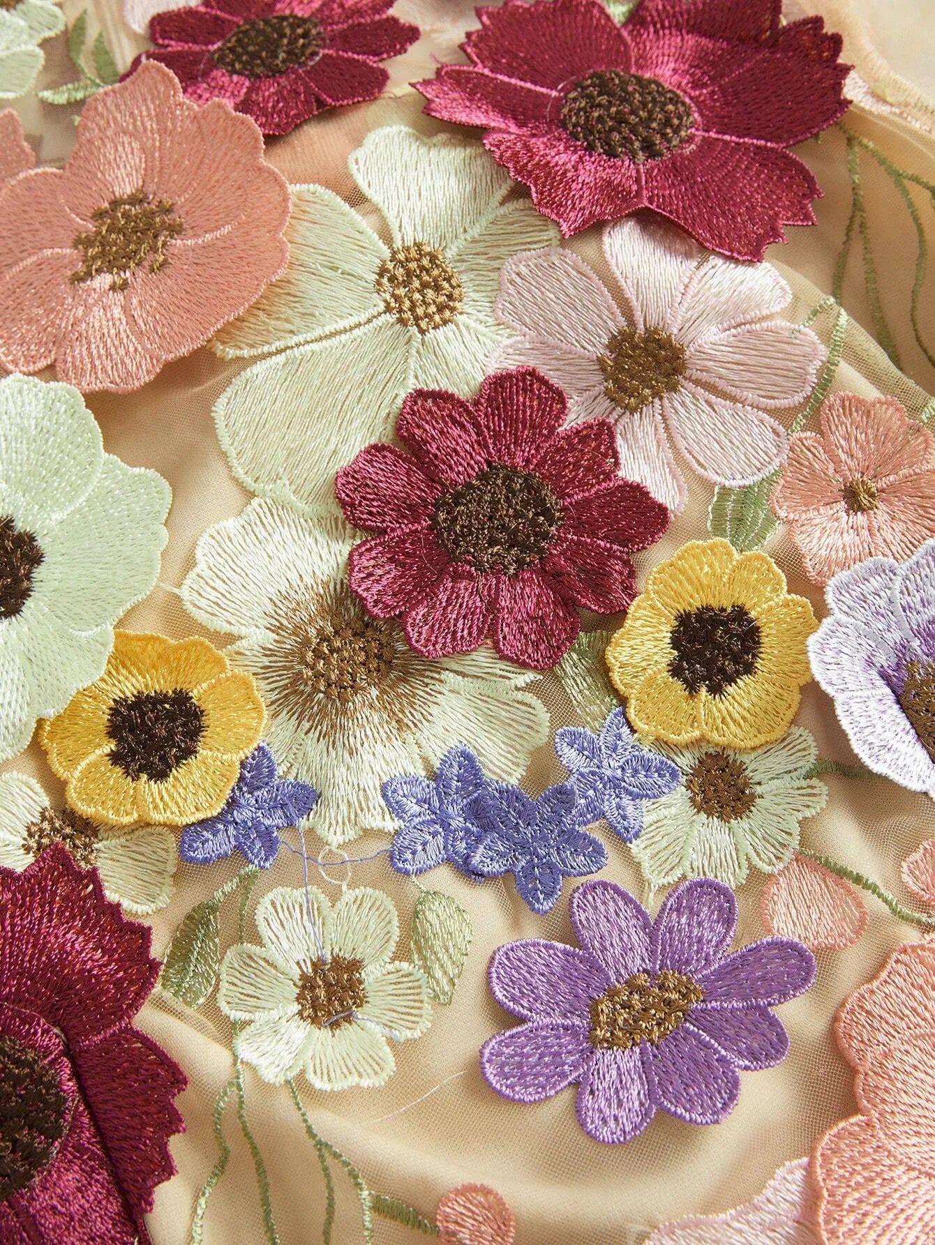 Elegant Mesh Floral Embroidery Maxi Dress