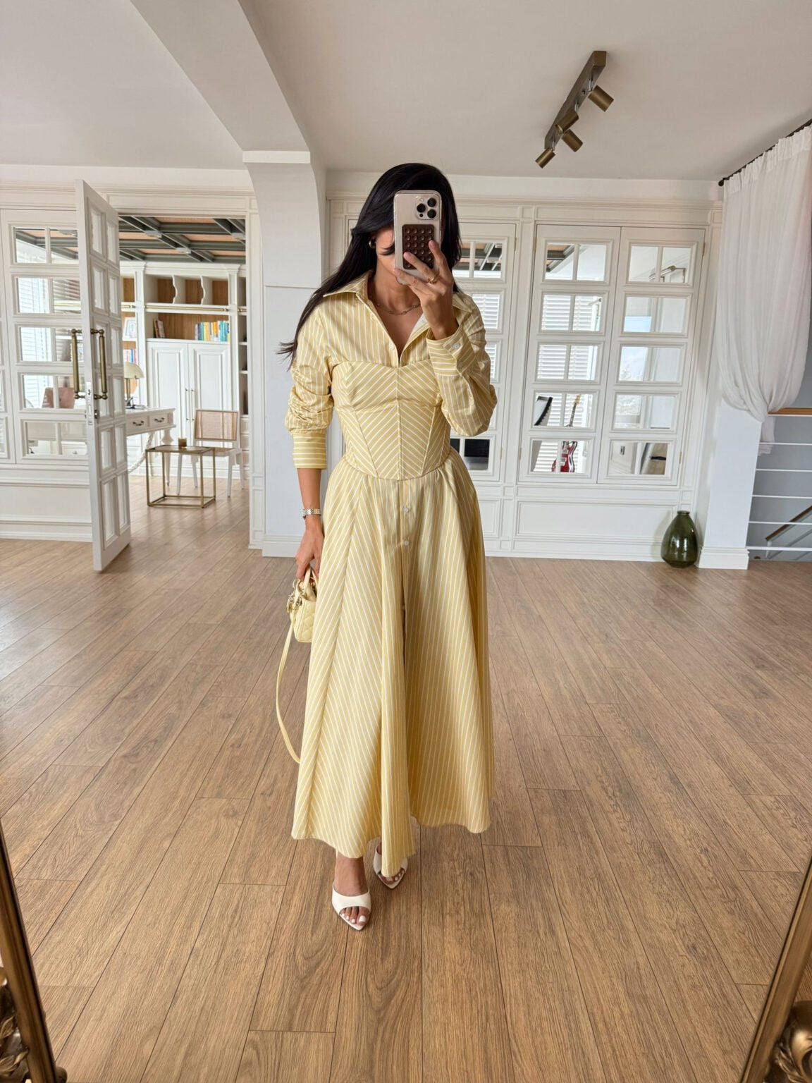 Yellow Striped Cotton Maxi Shirt Dress