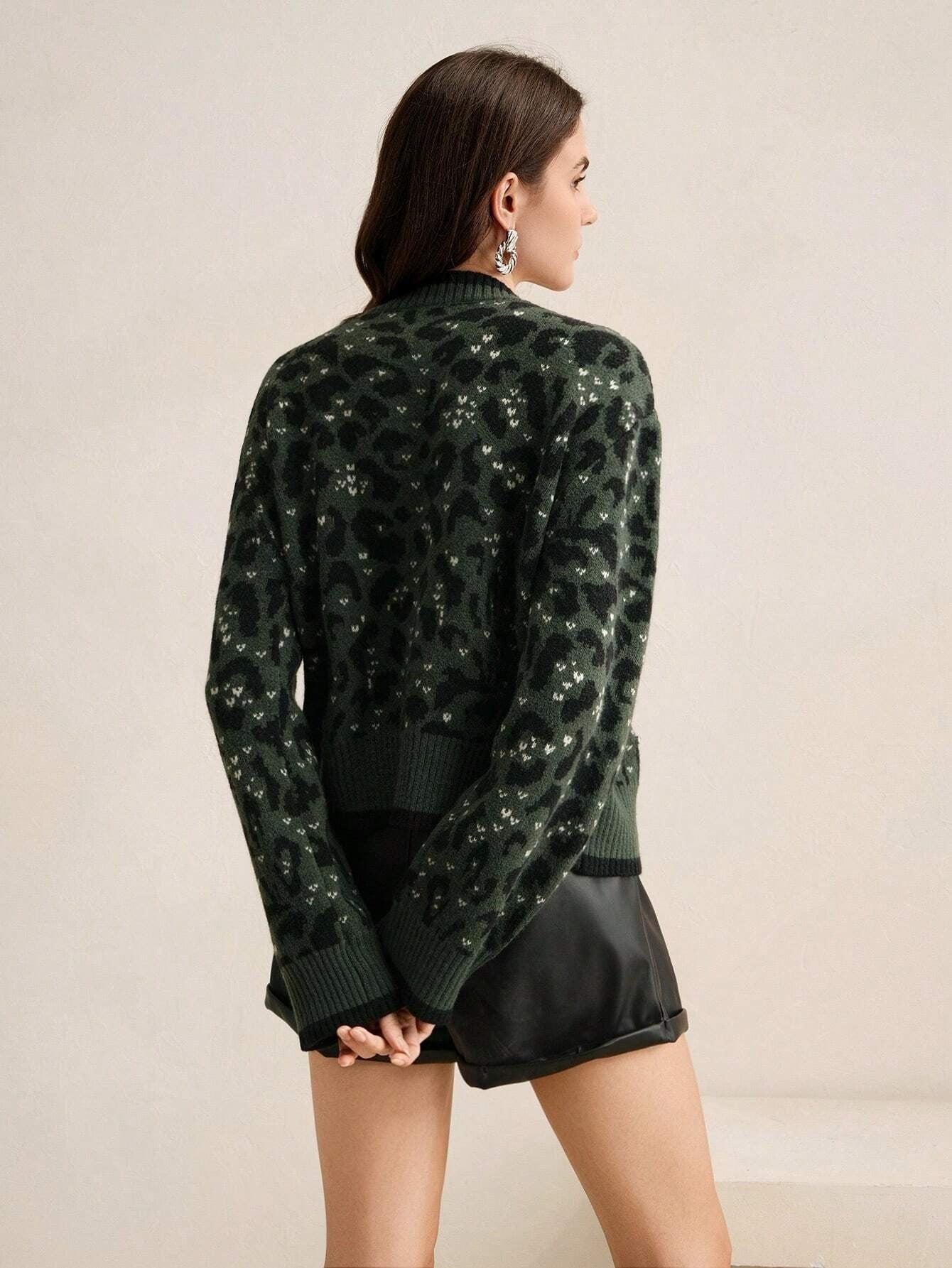 Vintage Leopard Print Knitted Cardigan With Bow Tie And Rhinestone Decor