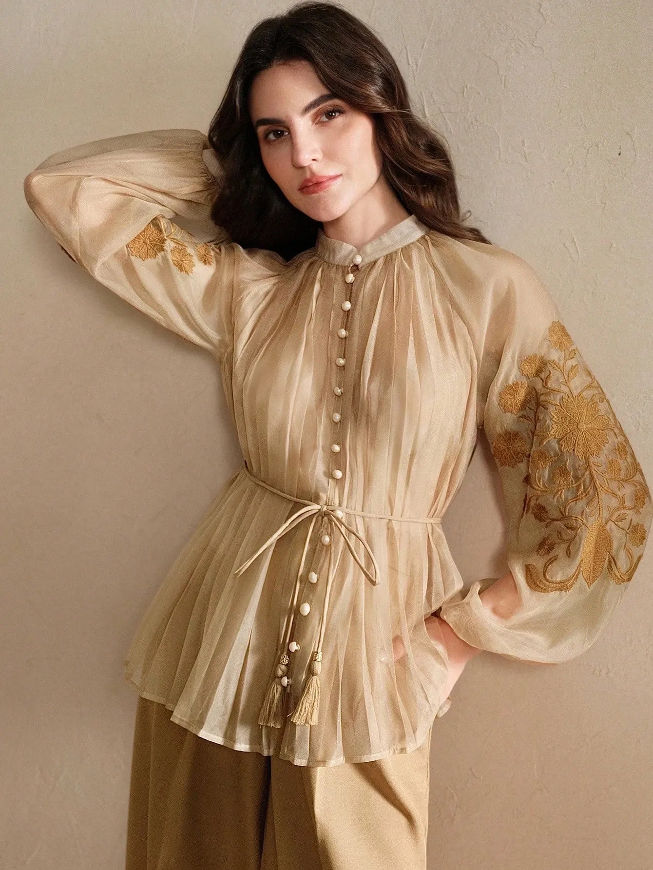 Pleated Embroidered Tie‑Waist Shirt
