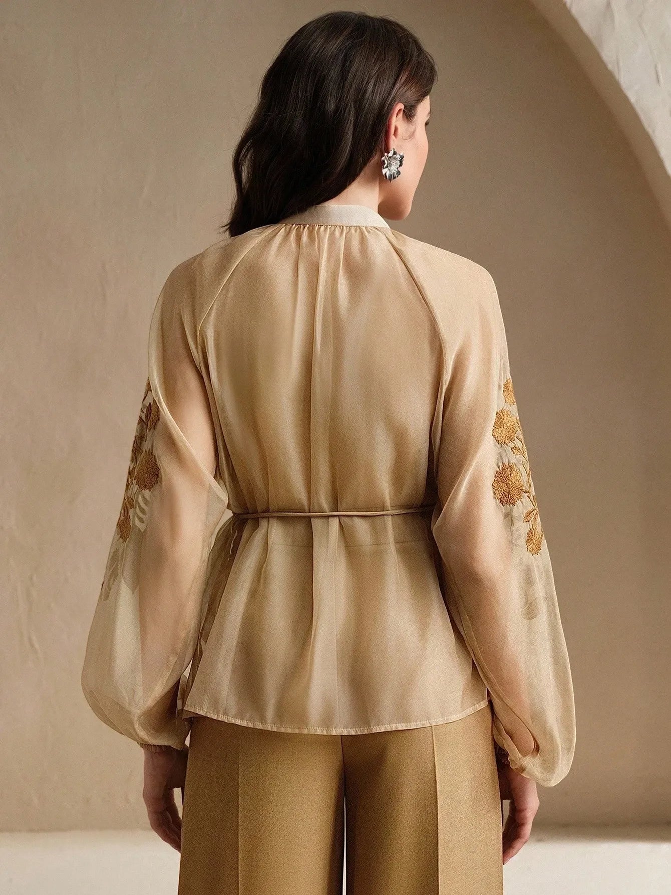 Pleated Embroidered Tie‑Waist Shirt