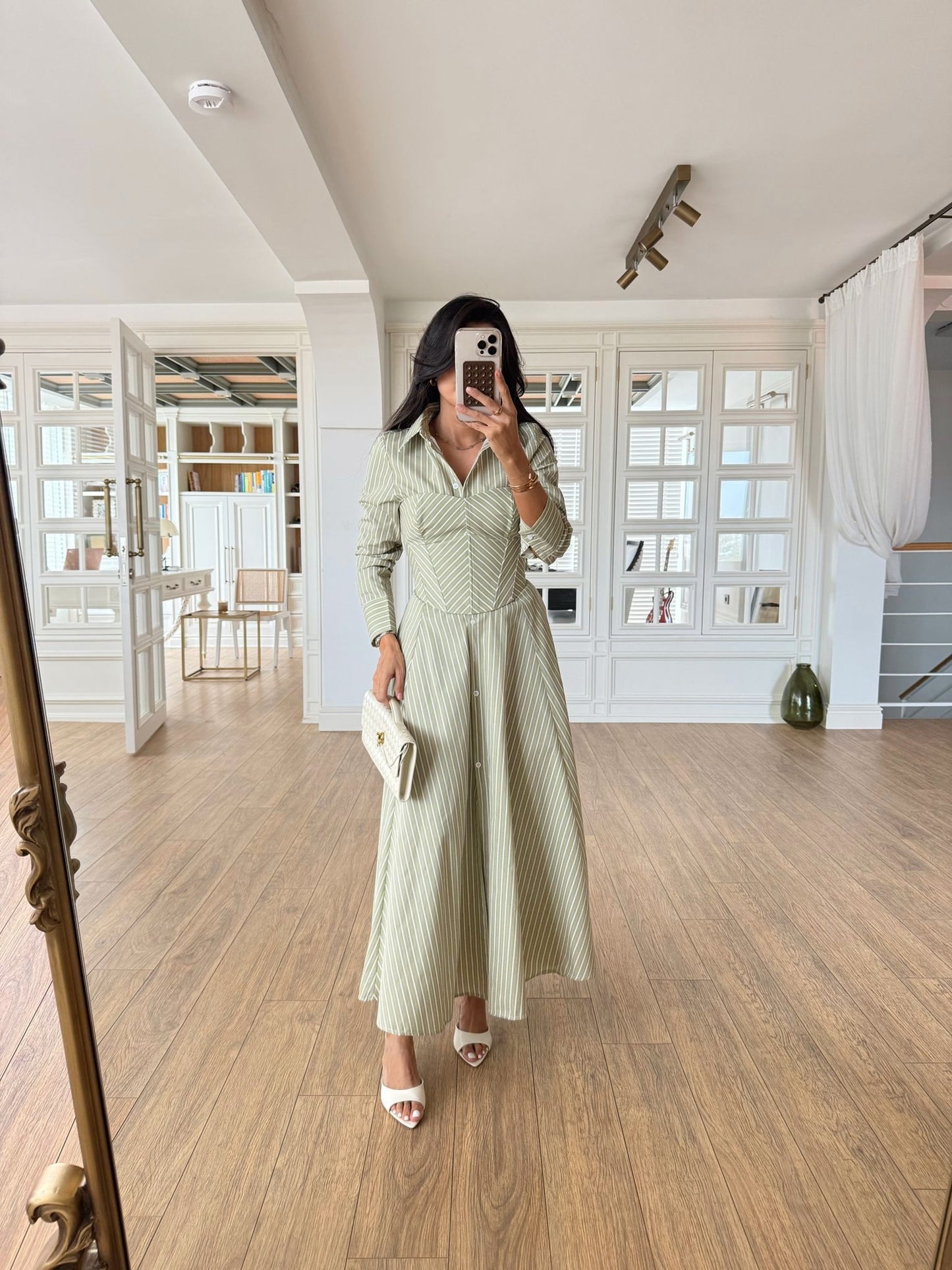 Green Striped Cotton Maxi Shirt Dress