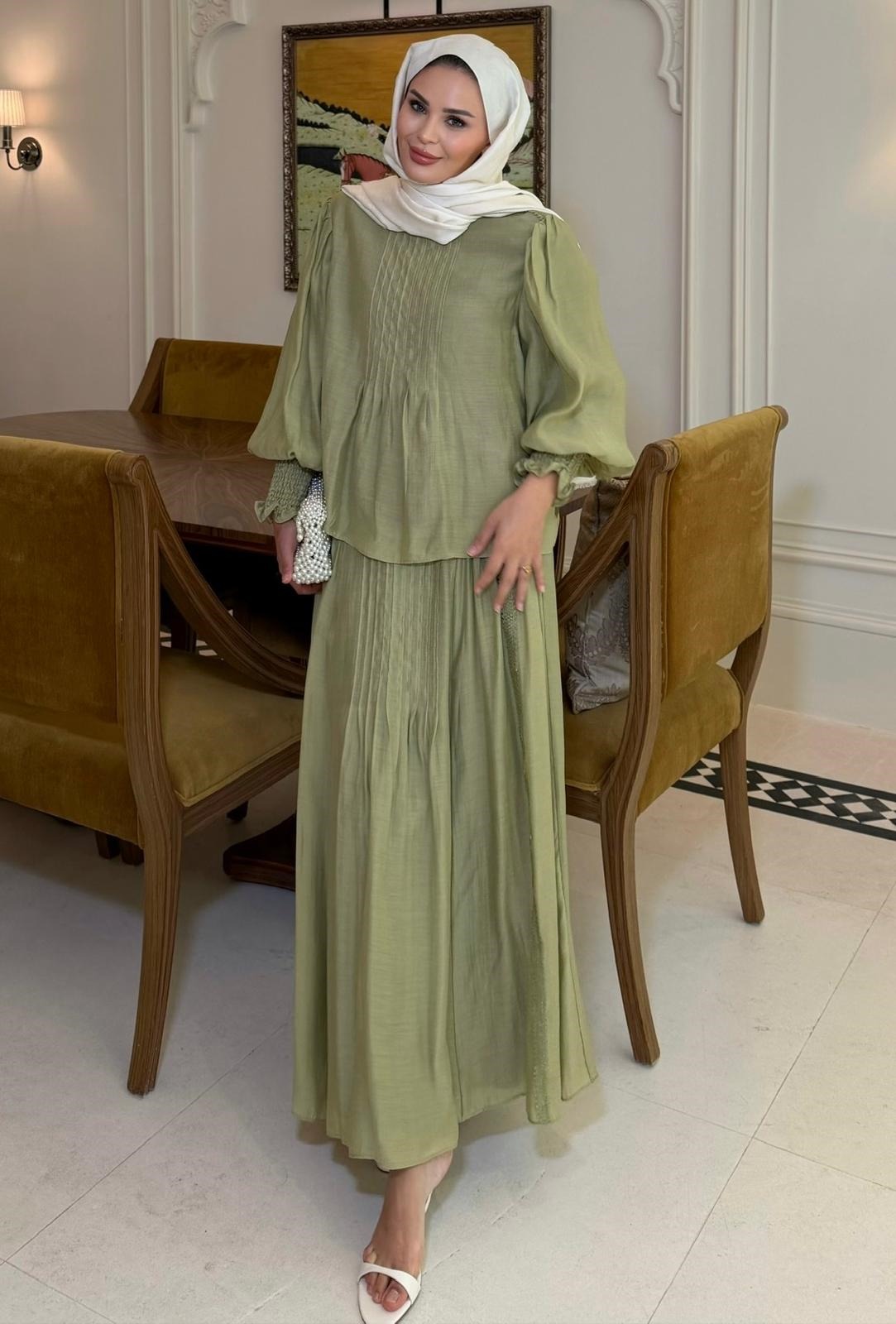 Sade Sage Green Pleated Skirt Set with Balloon Sleeves