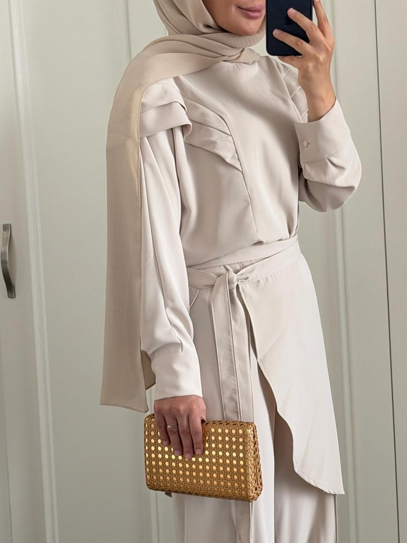 Beige Ruffle-Shoulder Blouse & Wide-Leg Trouser Co-ord Set