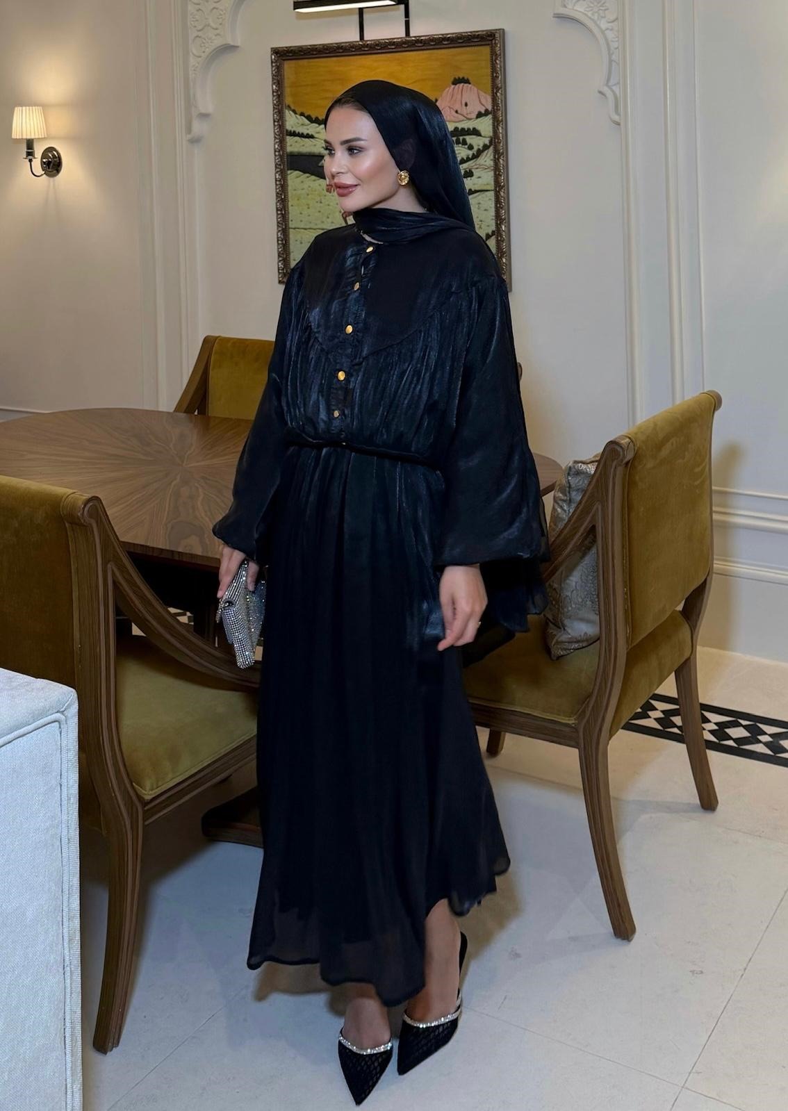 Shimmer Metallic Gathered Top & Flared Maxi Skirt Evening Co-ord Set - Black