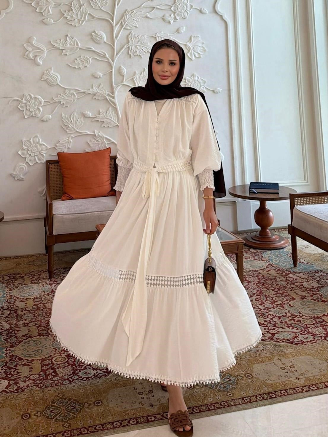 Tiered Boho Lace Trim Co-ord Set with Crochet Waist Belt - Ecrou