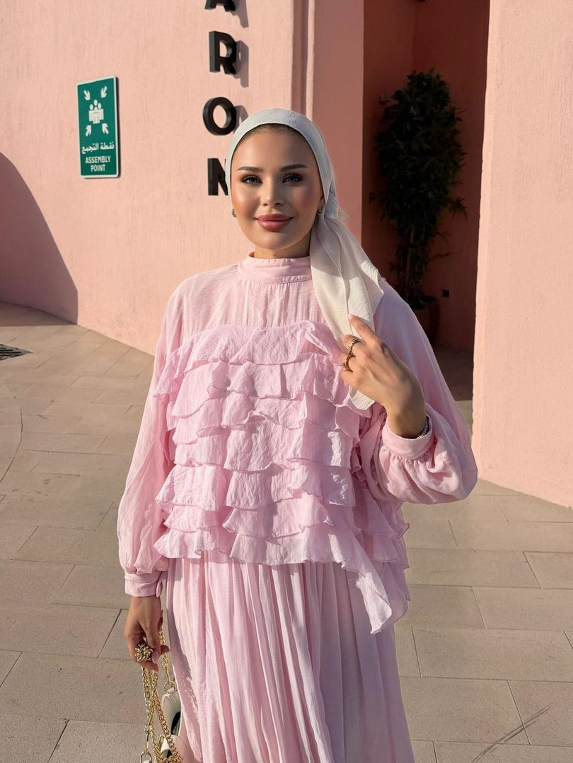 Tiered Ruffle Blouse & Pleated Maxi Skirt Co-ord Set - Pink