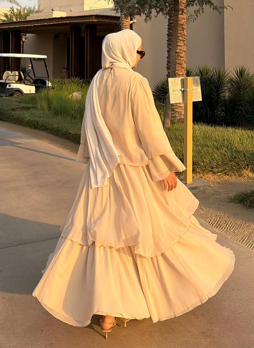 Layered Cape Chiffon Co-ord Set with Tiered Ruffle Skirt - Beige