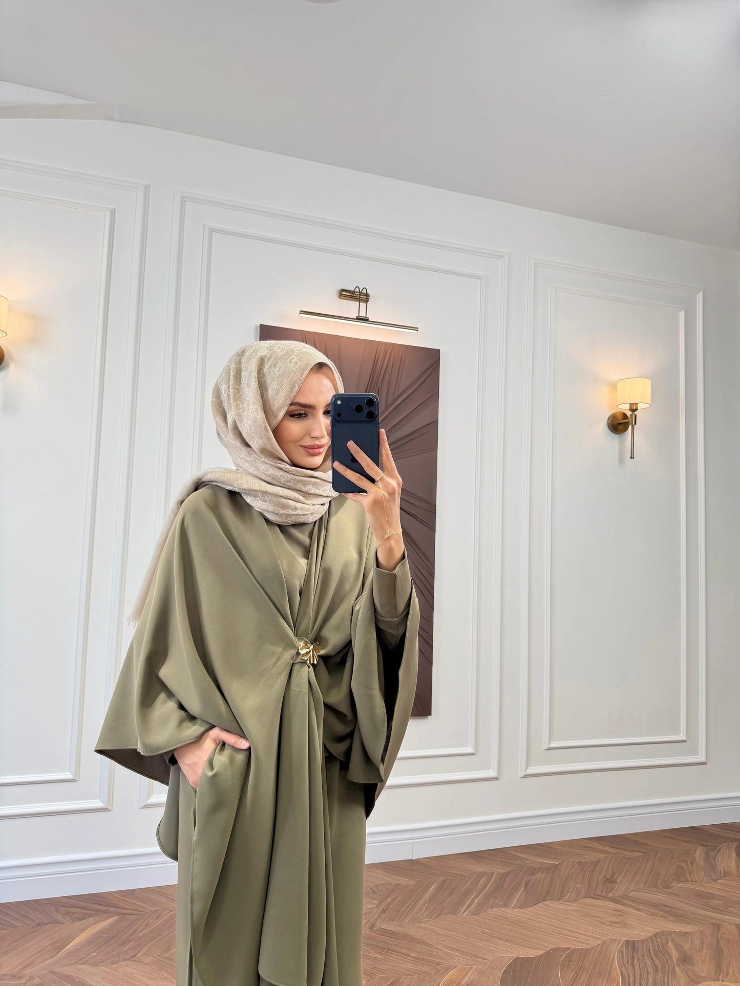 Sage Green Cape-Sleeve Co-ord Set with Gold Brooch Detail