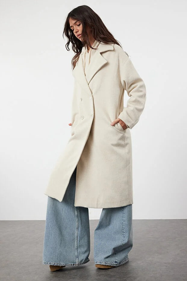 Ecru Oversized Wide-Cut Long Wool-Blend Coat