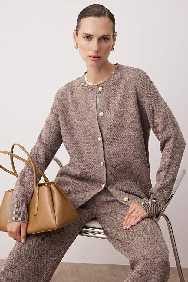 Mink Pearl-Button Knit Two-Piece Set