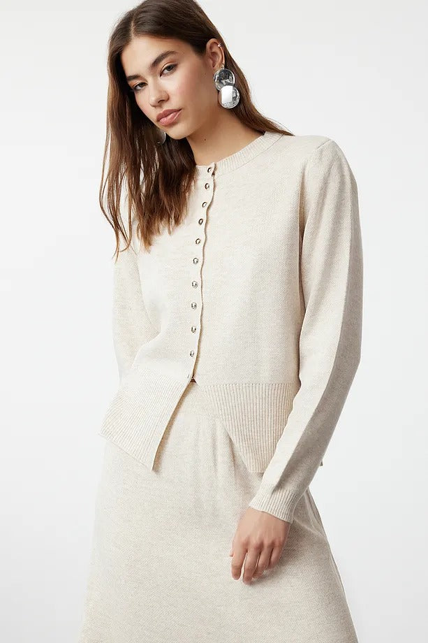 Ecru Button-Front Knit Cardigan & Skirt Set