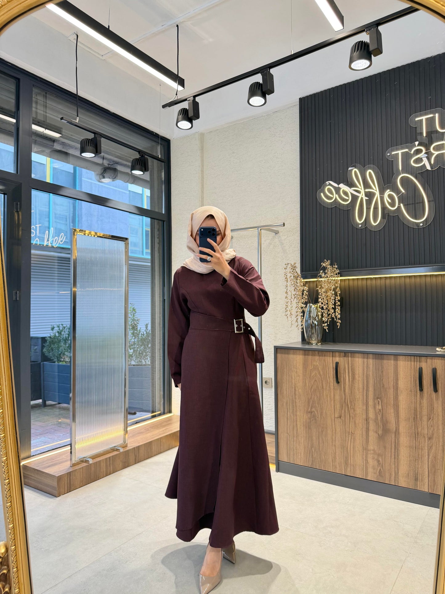 Asymmetric Burgundy Maxi Dress with Adjustable Waist Belt