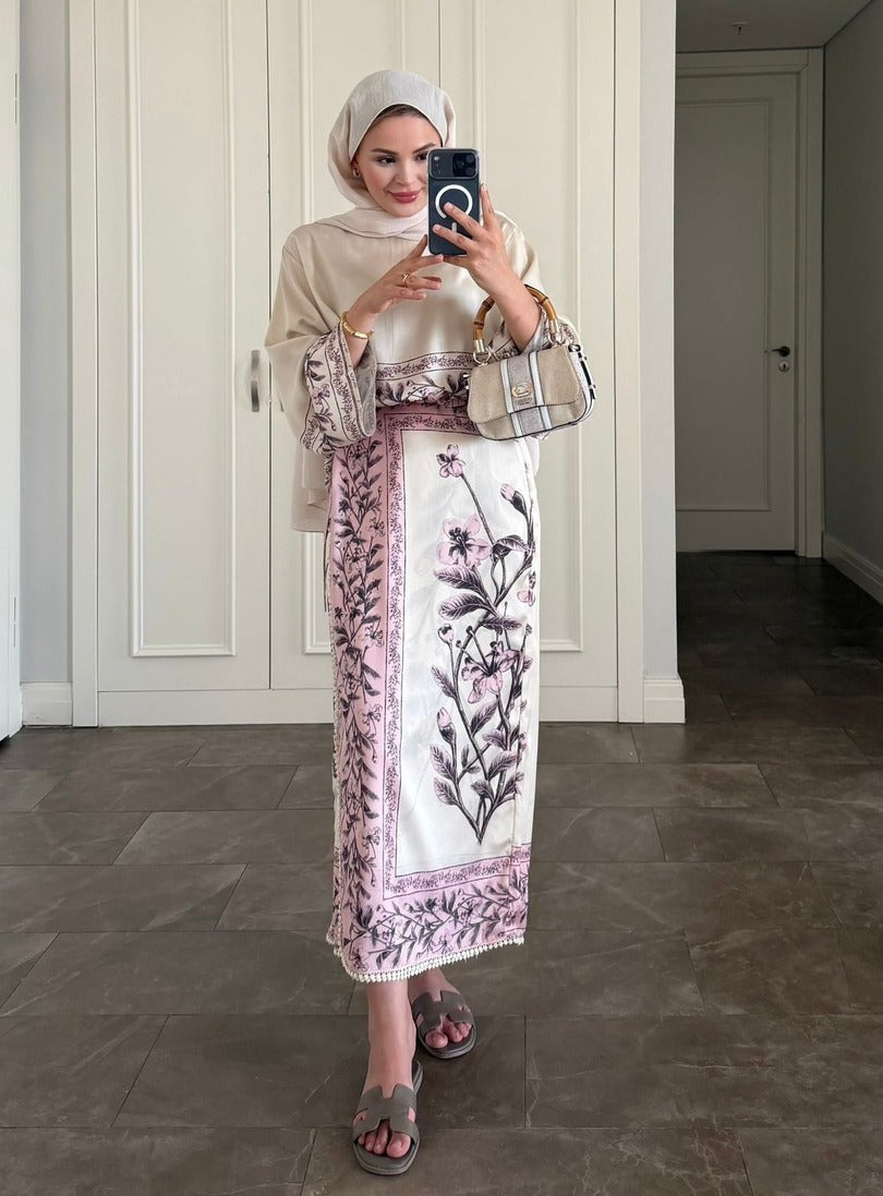 Pink Botanical Scarf Print Modest Satin Skirt Co-Ord Set