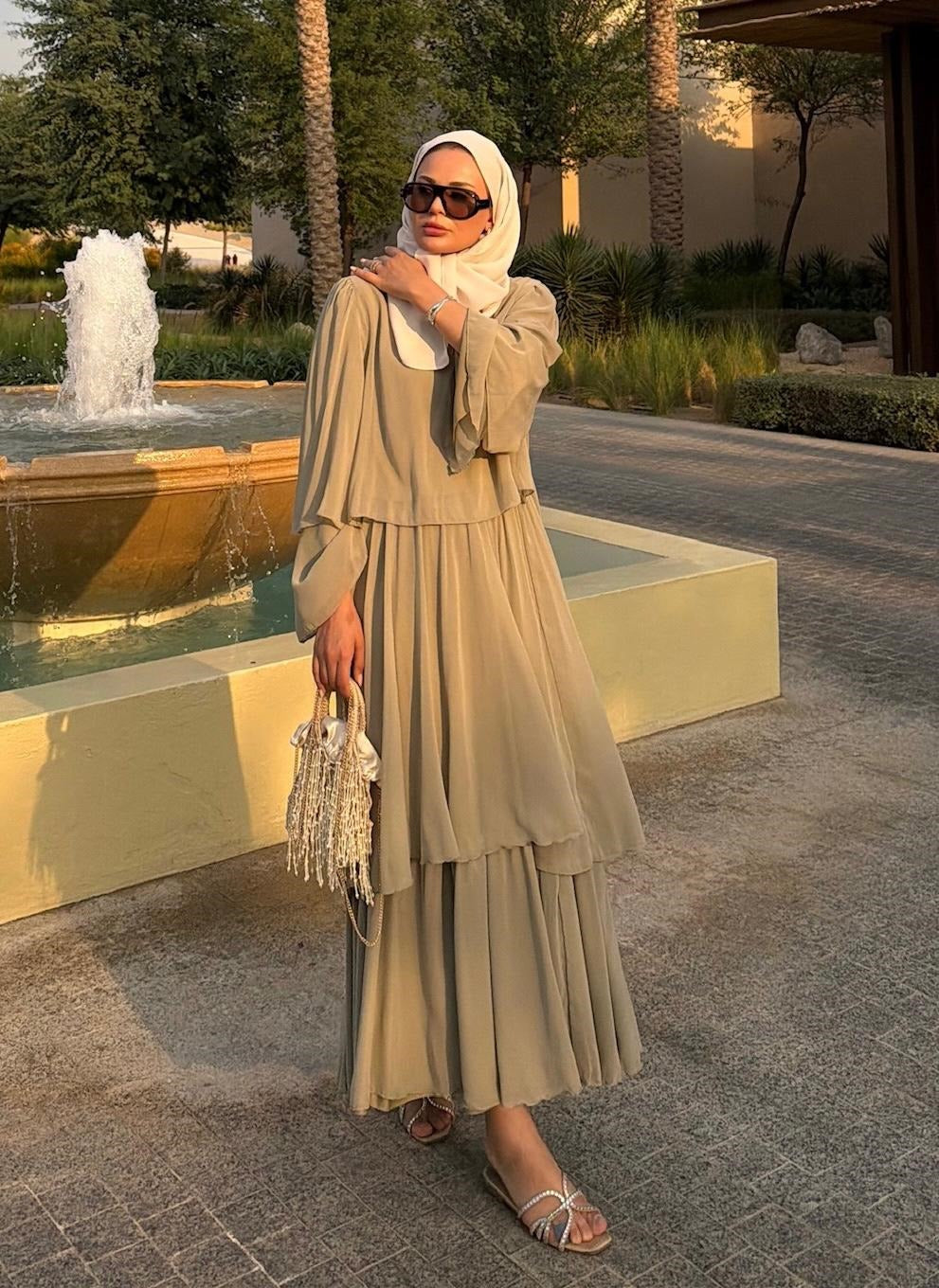 Layered Cape Chiffon Co-ord Set with Tiered Ruffle Skirt - Light Green