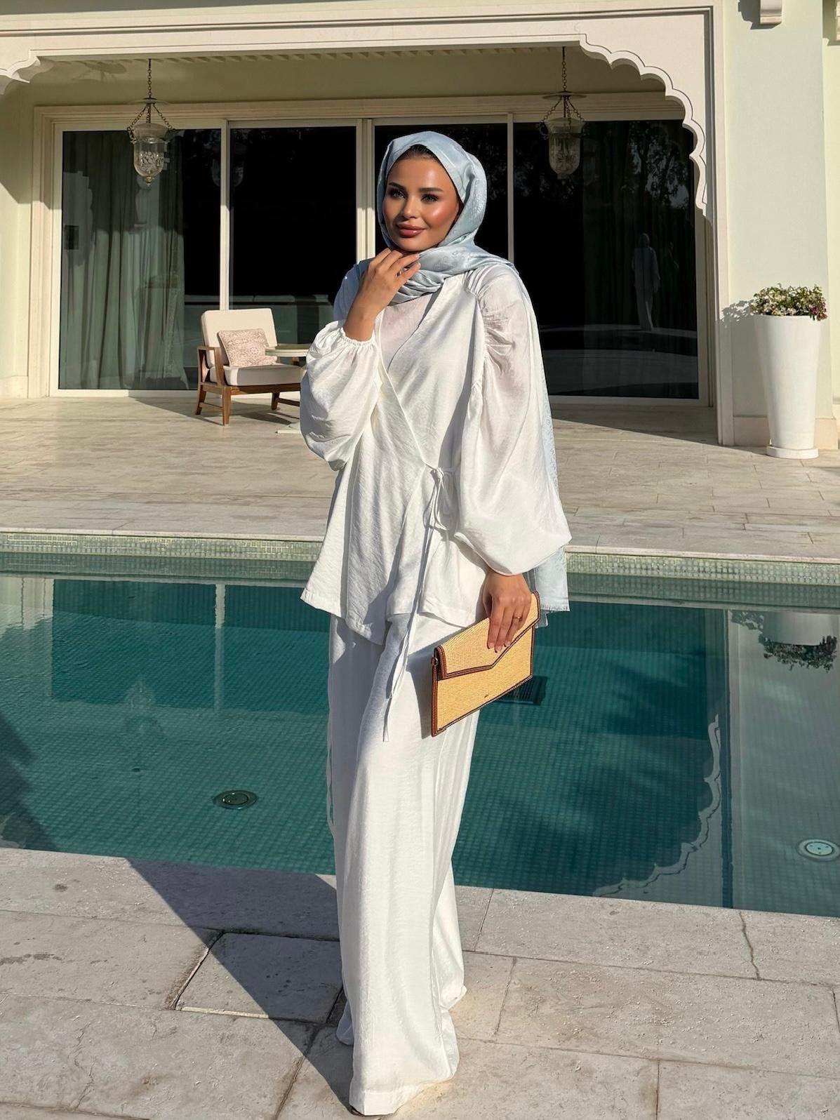 Balloon Sleeve Tencel Co-ord Set with Tie Waist & Wide-Leg Trousers - Ecrou