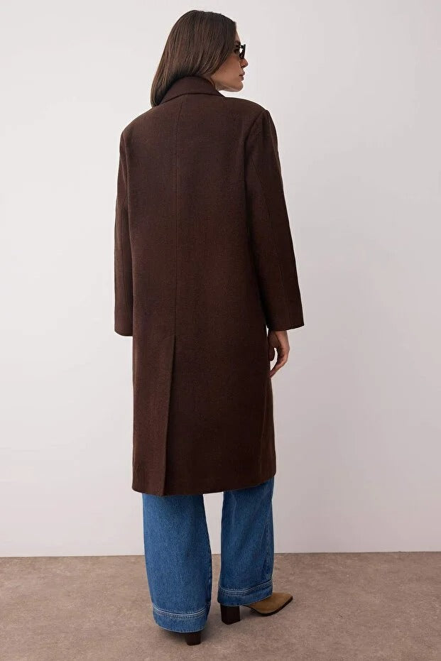 Brown Oversized Long Wool-Blend Coat