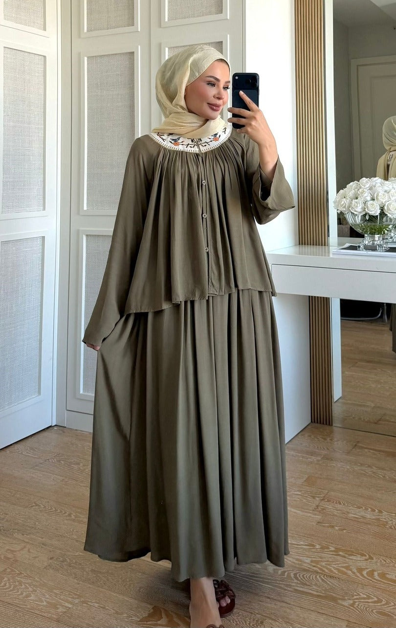 Khaki Intricate Embroidered Slub Linen Skirt & Blouse Co-ord Set