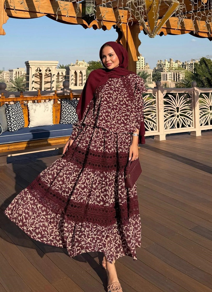 Floral Print Lace-Trim Tiered Maxi Co-ord Set - Burgundy - PRE ORDER