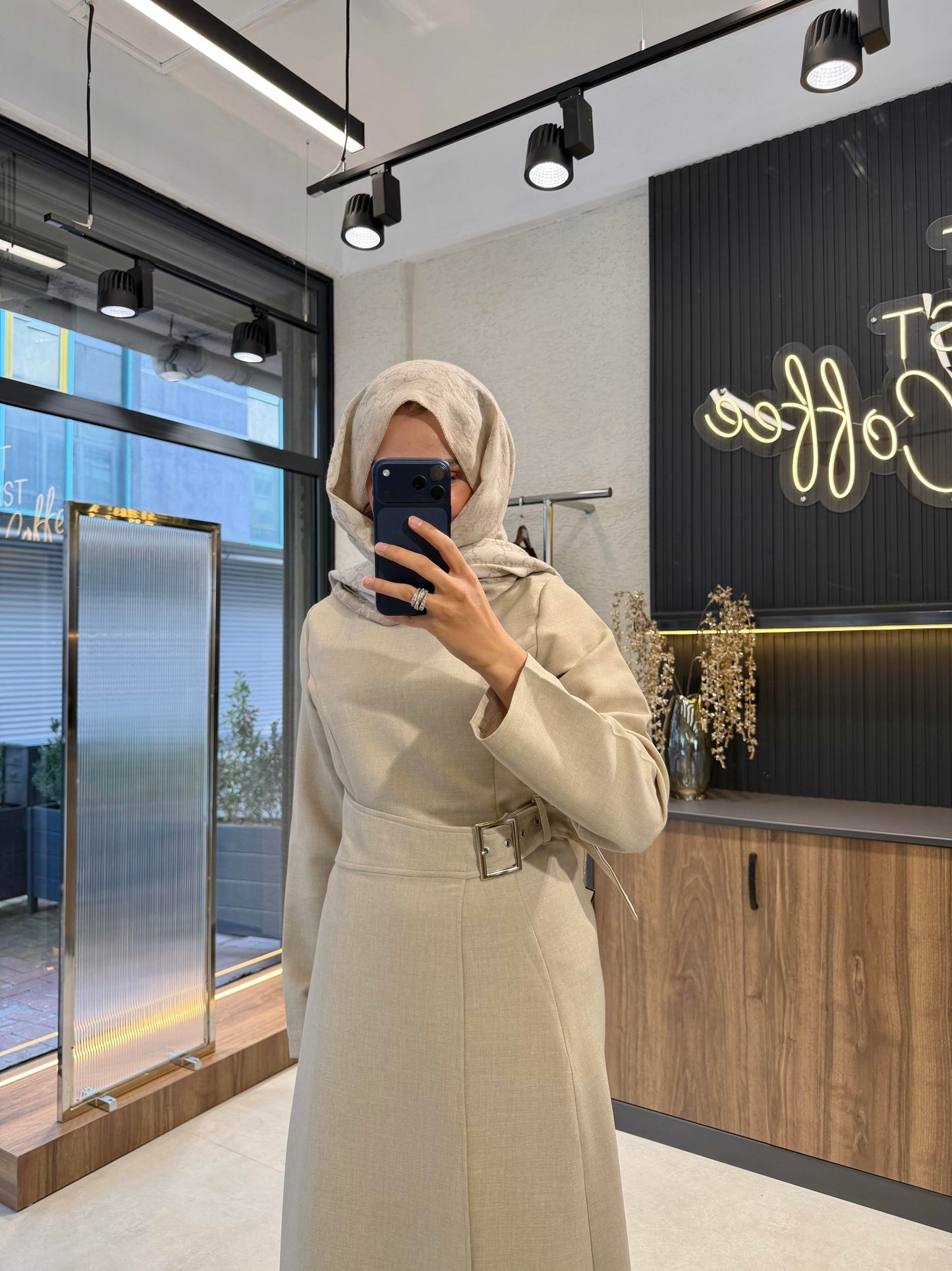 Asymmetric Beige Maxi Dress with Adjustable Waist Belt