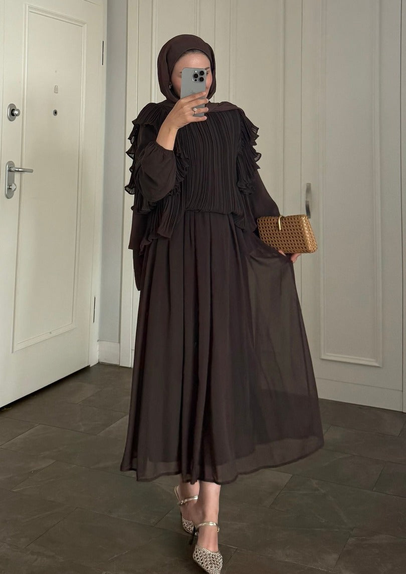 Brown Pleated Ruffle-Detail Chiffon Blouse & Midi Skirt Co-ord Set -PRE ORDER