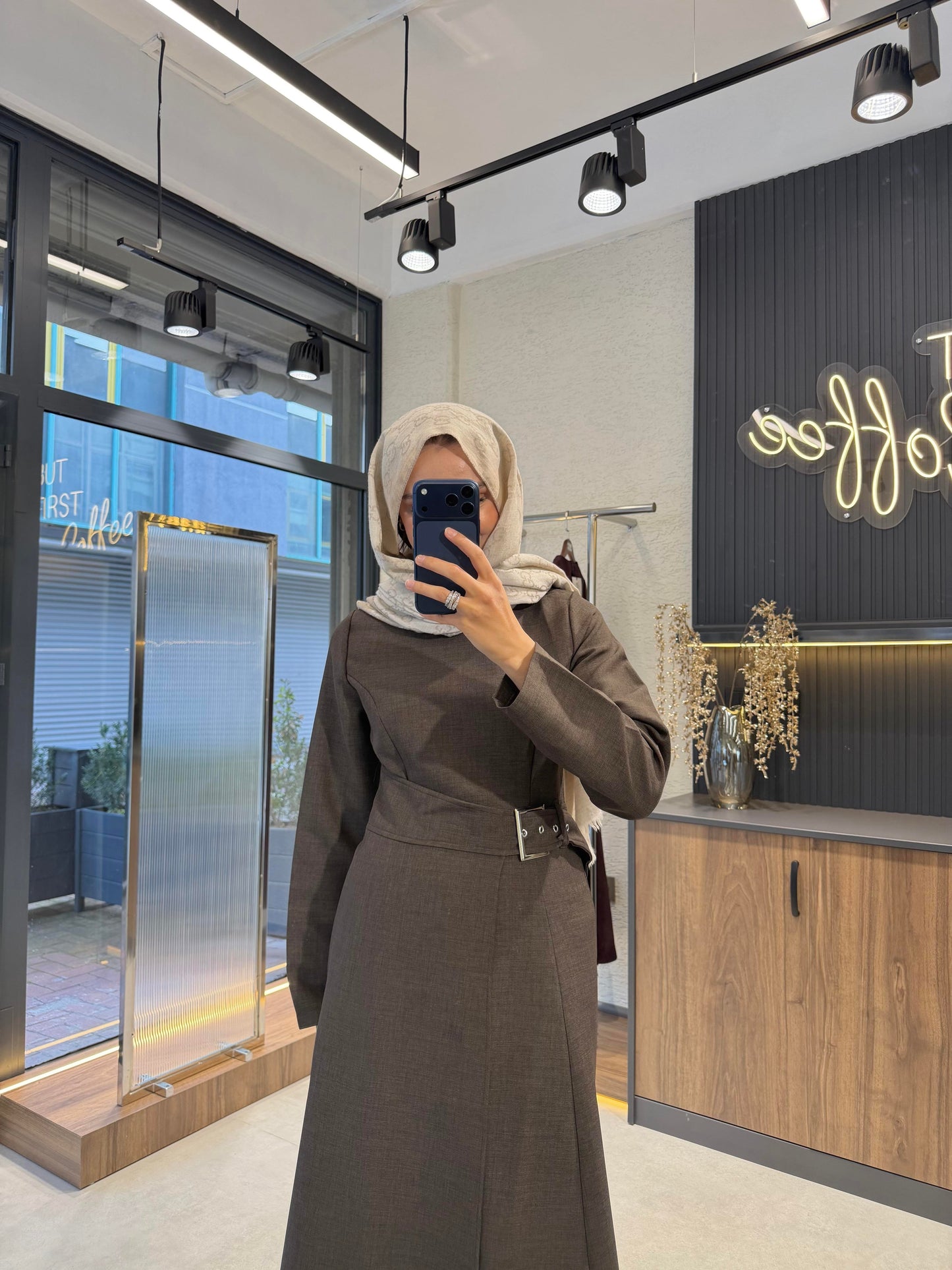 Asymmetric Brown Maxi Dress with Adjustable Waist Belt