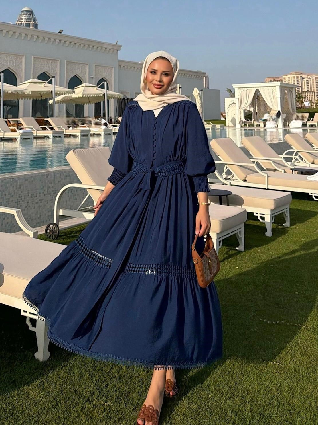 Tiered Boho Lace Trim Co-ord Set with Crochet Waist Belt - Navy