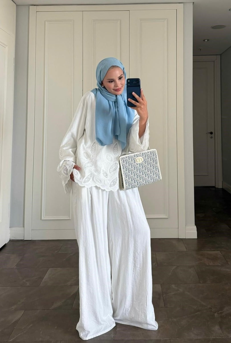 Dolly White Modest Pant Set - Elegant Two Piece Tunic Outfit