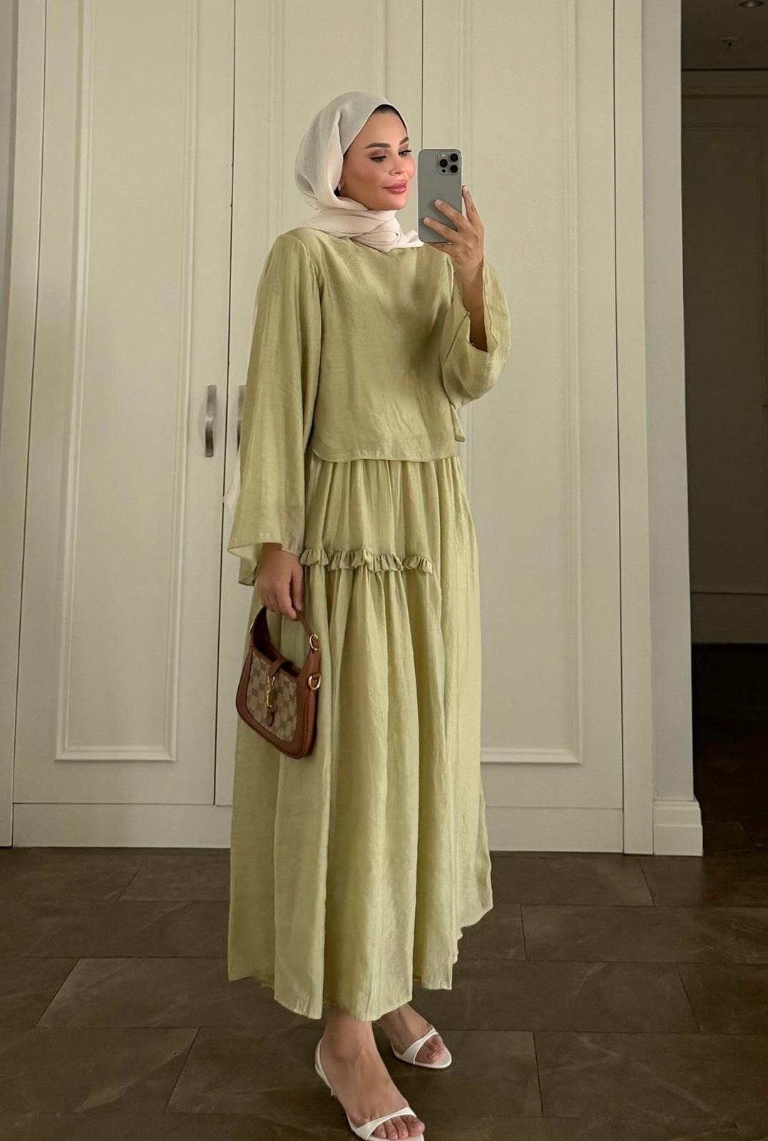 Khaki Layered Maxi Skirt Set with Elastic Waist