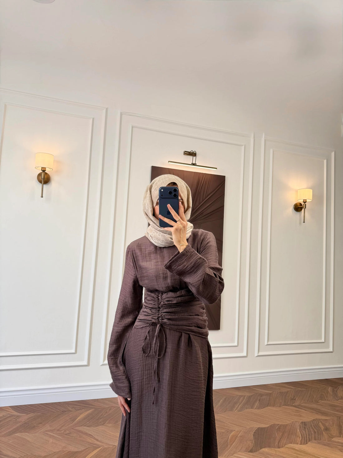 Brown Ruched Drawstring Waist Maxi Dress with Flared Sleeves