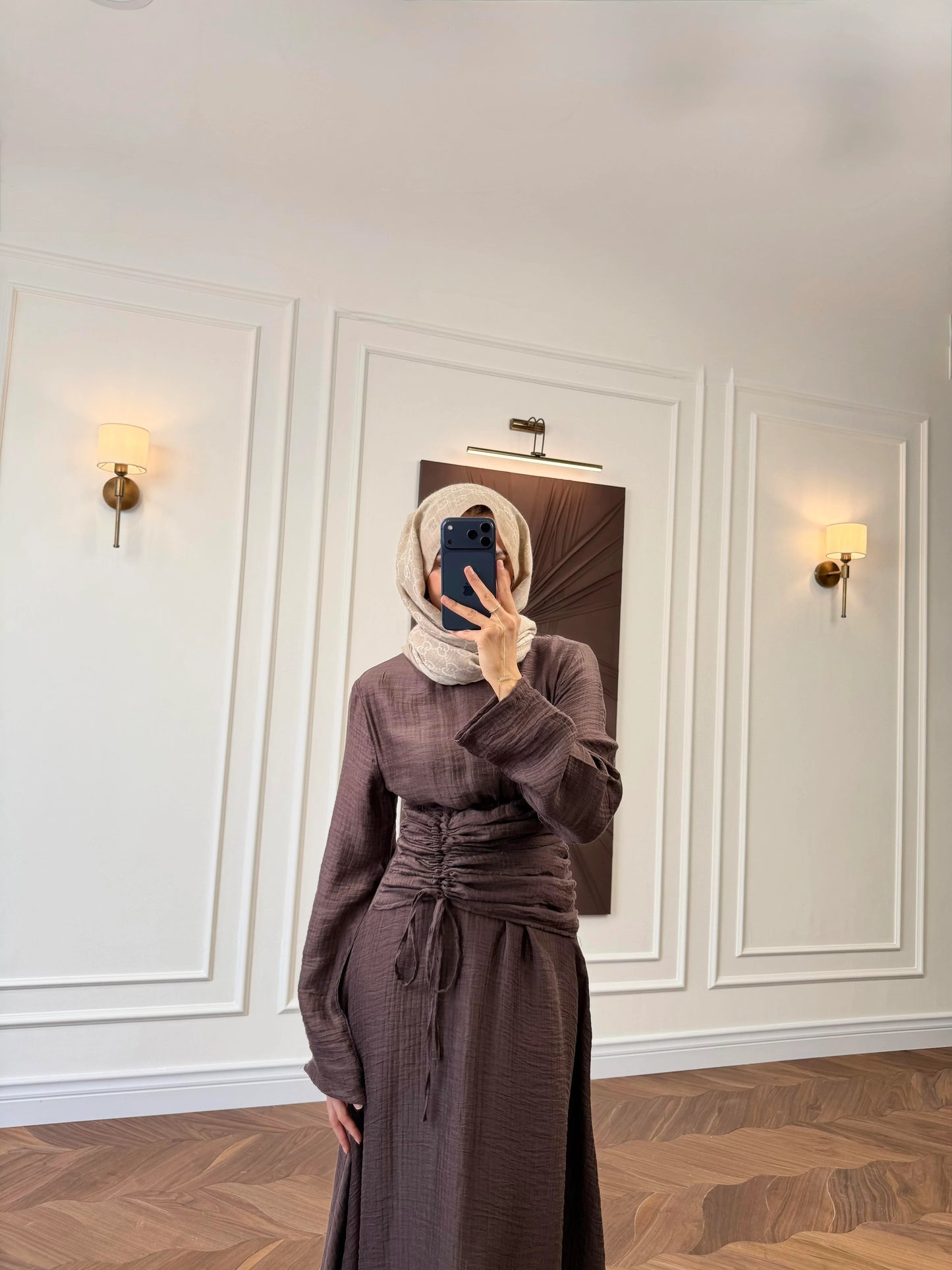 Brown Ruched Drawstring Waist Maxi Dress with Flared Sleeves