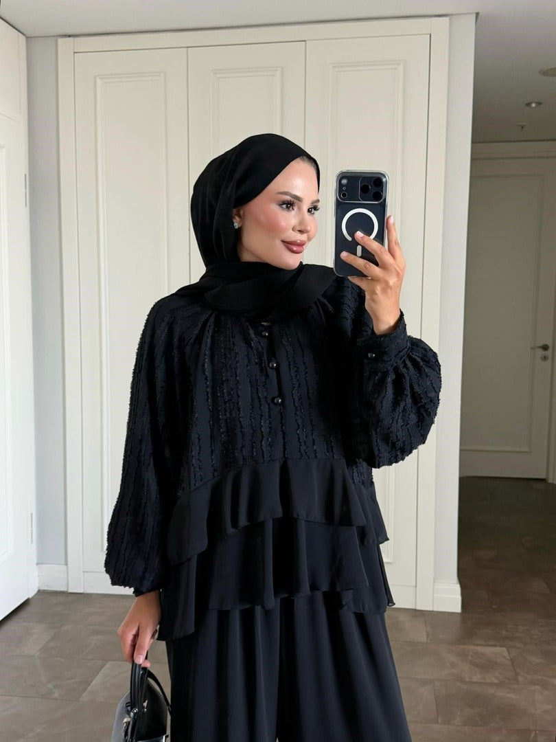 Furla Black Modest Pant Set - Lined Two Piece High Low Outfit