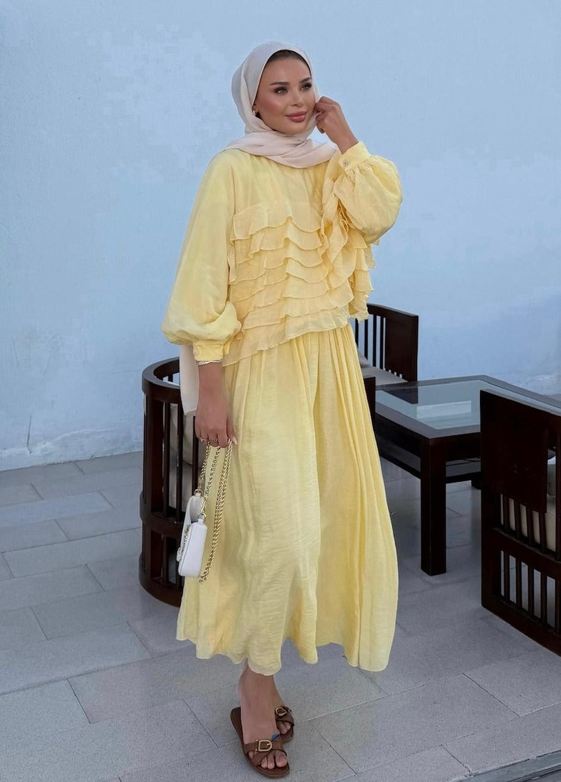 Tiered Ruffle Blouse & Pleated Maxi Skirt Co-ord Set - Yellow