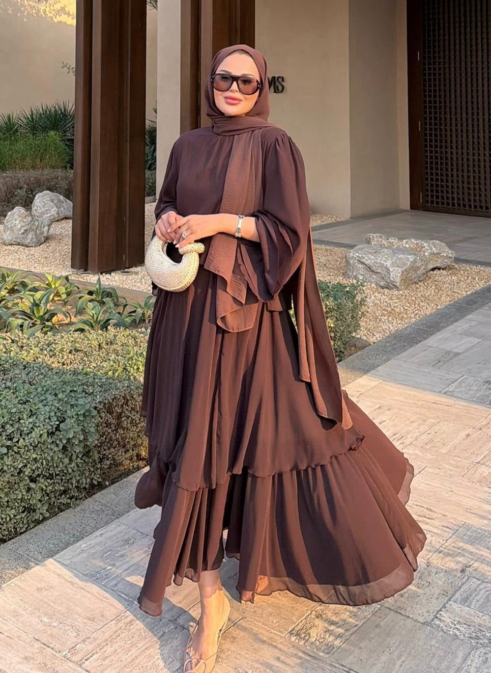 Layered Cape Chiffon Co-ord Set with Tiered Ruffle Skirt - Brown