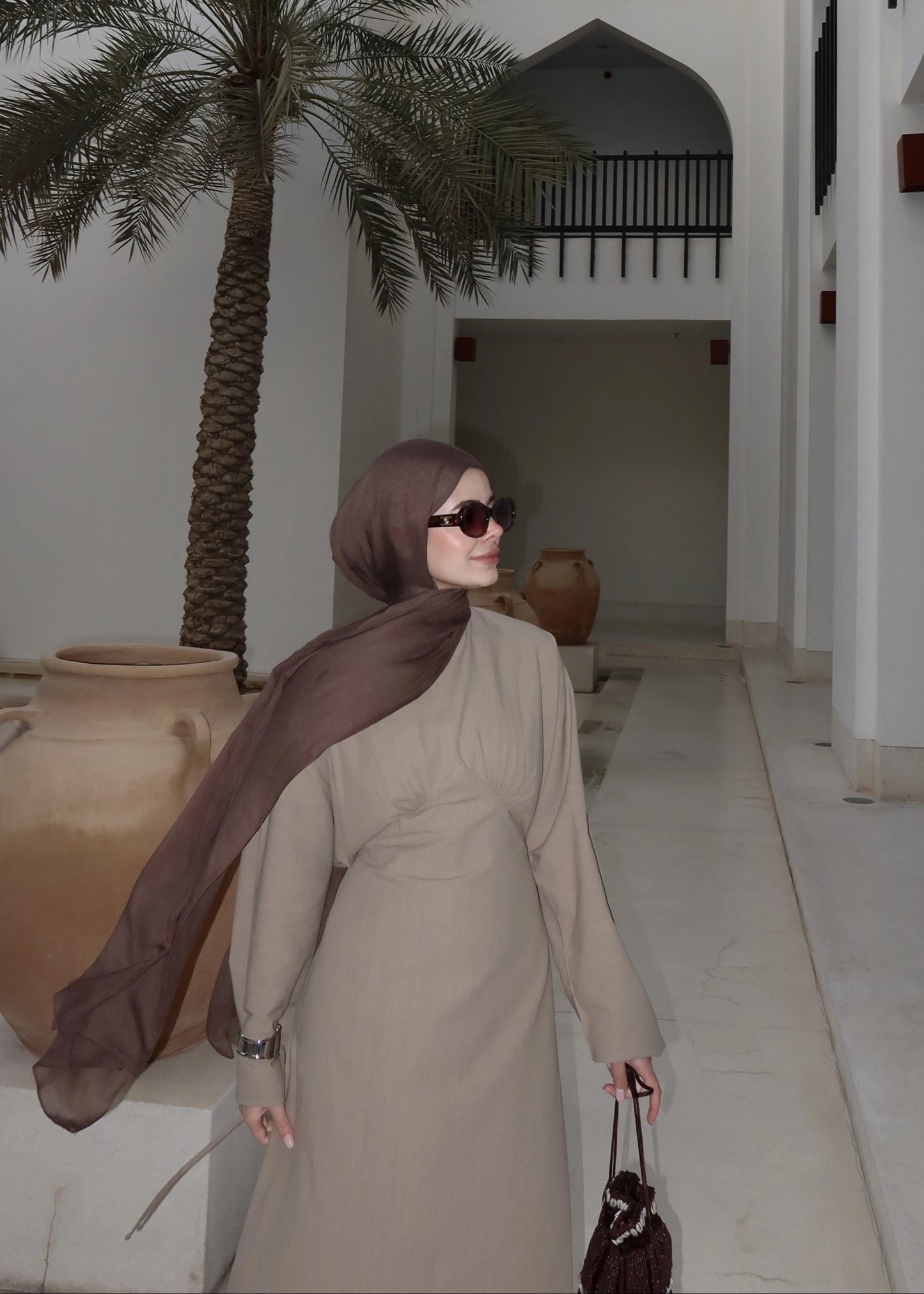 Khaki Cotton Tie-Back Maxi Dress - Waist Detail Long Sleeve Gown