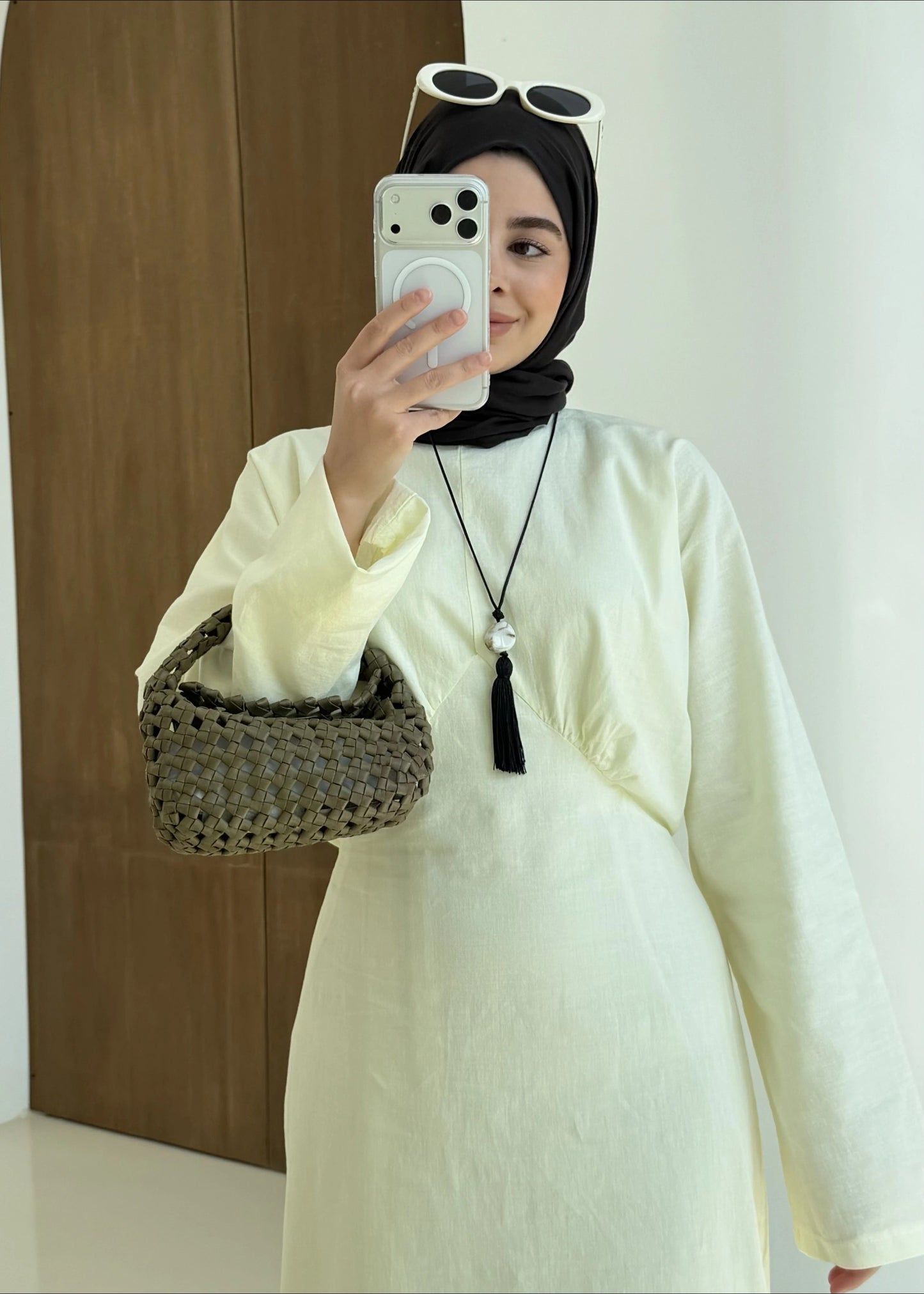 Yellow Cotton Tie-Back Maxi Dress - Waist Detail Long Sleeve Gown