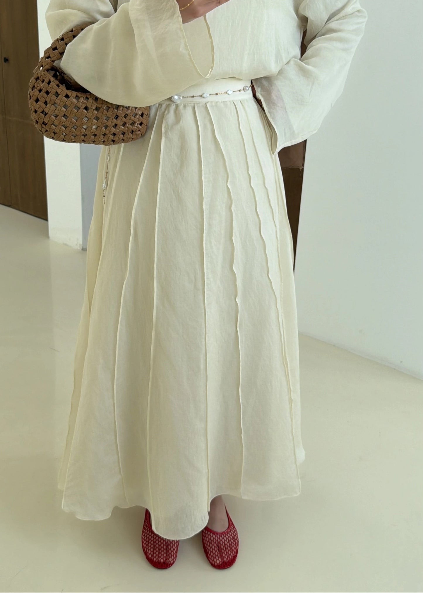 Reverse Stitch Skirt Set - Beige