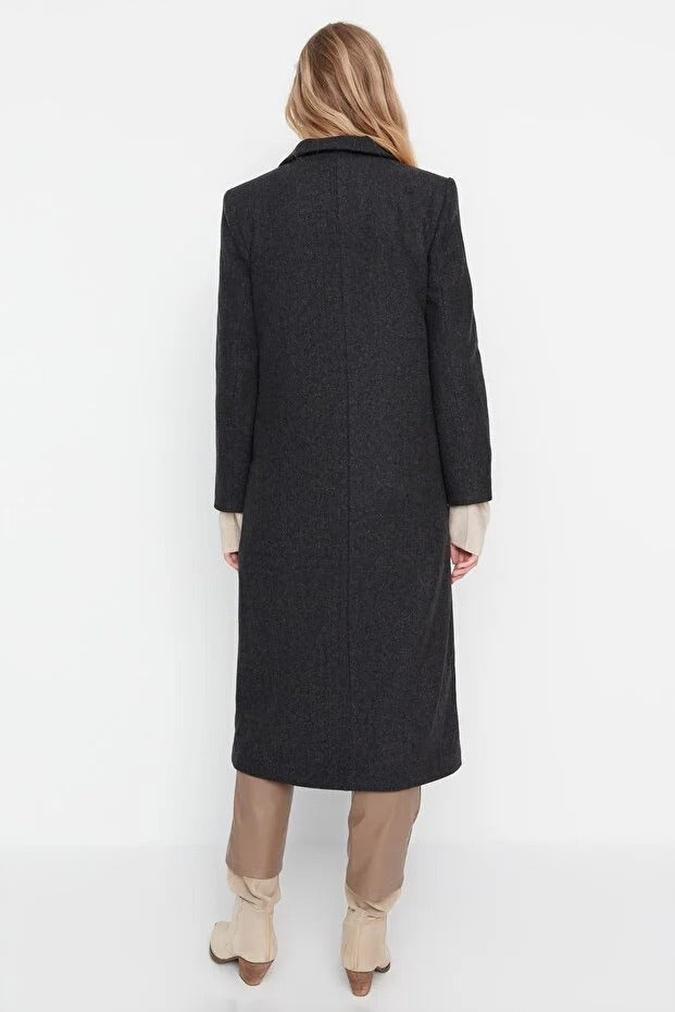 Black Herringbone Pattern Long Wool-Blend Coat