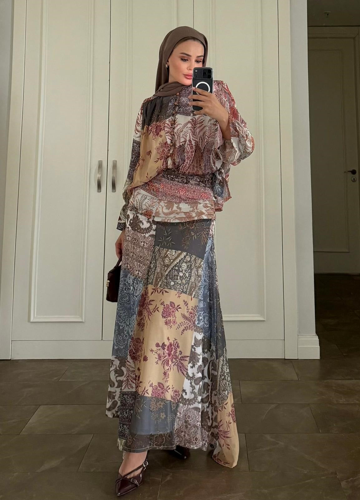 Victoria Patchwork Chiffon Maxi Skirt Set - Khaki