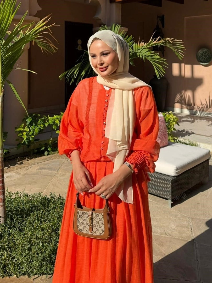 Button-Front Lace-Trim Blouse & Maxi Skirt Co-ord Set - Orange